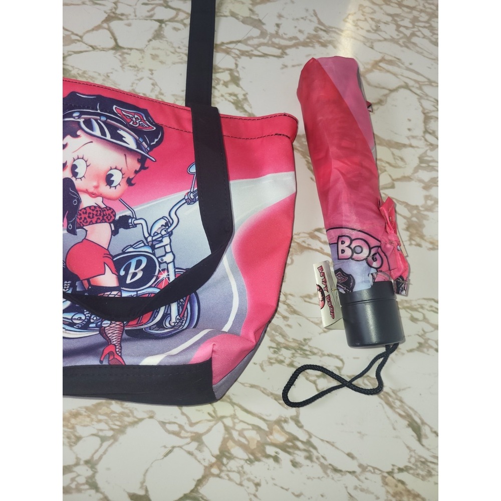 Vintage 2002 Betty Boop Biker Motorcycle Tote Bag & Umbrella Set NWT Y2K